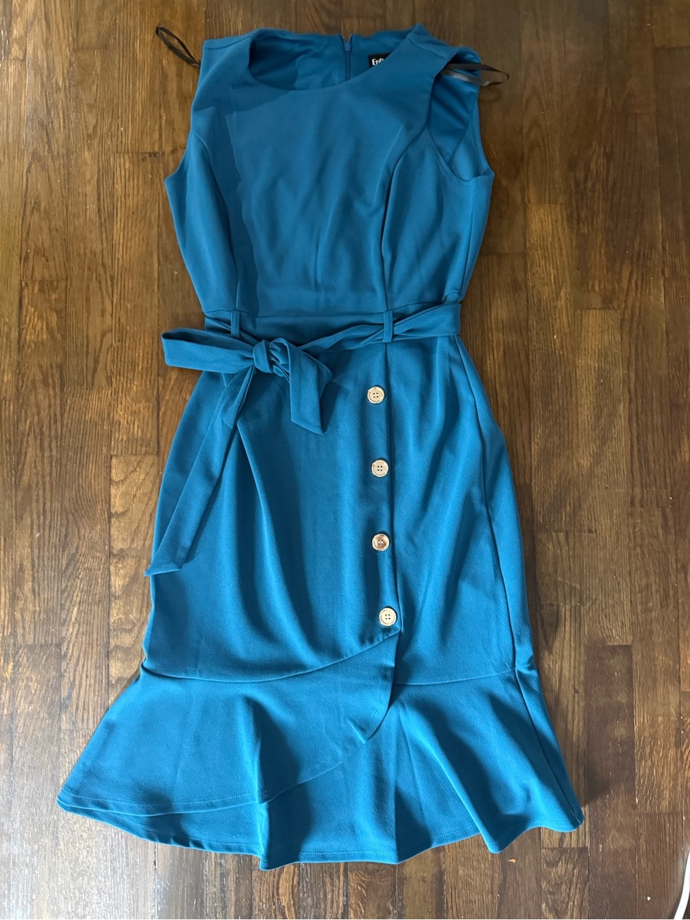 Teal Sleeveless Belted Button-Front Ruffle Dress